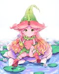  alternate_costume animal_ears blonde_hair boots commentary_request dew_drop flower gradient_hair green_eyes hat highres holding holding_flower korean leaf league_of_legends lily_pad long_hair looking_at_viewer lotus lulu_(league_of_legends) multicolored_hair panties pantyshot panza pink_skin plant pointy_shoes purple_hair red_hair shoes signature sitting solo sparkle twitter_username underwear vines water water_drop yordle 