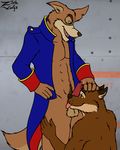  anthro balls bottomless brown_eyes brown_fur brown_nose canine clothed clothing coyote cum disney don_karnage fur half-closed_eyes jacket licking male male/male mammal muscular penis red_wolf schizowolf talespin tongue tongue_out wolf 