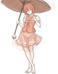  barefoot blush feet full_body highres karakasa_obake kuro_suto_sukii long_sleeves looking_at_viewer monochrome short_hair simple_background sketch skirt smile solo tatara_kogasa toes touhou umbrella white_background 