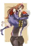  1girl bad_id bad_pixiv_id bangs bodysuit breasts brown_eyes brown_hair bubble_blowing cowboy_shot d.va_(overwatch) face_mask facial_mark fatherly full_body gloves headphones highres jacket lifting_person long_hair mask medium_breasts overwatch pilot_suit scar short_hair skin_tight soldier:_76_(overwatch) swept_bangs visor whisker_markings white_hair yuu_(wufflybear) 
