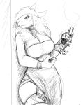  2019 ammunition angry anthro big_breasts black_and_white boss_lamb_(hladilnik) bovid breasts caprine cleavage clothed clothing domestic_sheep dress female frown garter_straps gun handgun hladilnik holding_object holding_weapon legwear looking_away mammal monochrome ranged_weapon reloading revolver sheep side_slit simple_background sketch solo thigh_highs weapon white_background 