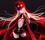  bare_shoulders black_legwear black_sleeves breasts commentary_request cowboy_shot crown detached_sleeves dress_of_heaven fate/grand_order fate_(series) floating_hair justeaze_lizrich_von_einzbern large_breasts long_hair long_sleeves looking_at_viewer navel pale_skin red_eyes revealing_clothes sleeves_past_wrists smile solo sushimaro thighhighs twitter_username underboob white_hair wide_sleeves 
