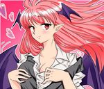  bat_wings blush breasts cleavage collarbone commentary_request dress_shirt eyelashes head_wings heart koakuma koro_(tyunnkoro0902) large_breasts long_hair long_sleeves looking_at_viewer looking_to_the_side outline pink_background pointy_ears red_eyes red_hair shirt simple_background smile solo touhou undressing vest white_shirt wings 