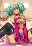  1girl breasts cleavage dark_skin green_hair ikkitousen large_breasts long_hair official_art ryofu_housen sitting solo spread_legs 