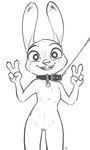  alec8ter anthro blush buckteeth collar collar_tag disney female flat_chested front_view judy_hopps lagomorph leash looking_at_viewer mammal monochrome nude open_mouth pussy rabbit simple_background smile solo teeth text white_background zootopia 