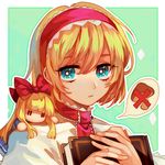  alice_margatroid blonde_hair blue_eyes book capelet closed_mouth doll face green_background hair_ribbon hairband harrymiao highres long_hair looking_at_viewer mushroom necktie portrait ribbon shanghai_doll short_hair solo spoken_x touhou ||_|| 