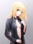  ahoge artoria_pendragon_(all) black_neckwear black_shirt blonde_hair breasts center_opening collarbone commentary_request fate/zero fate_(series) green_eyes long_hair long_sleeves looking_at_viewer medium_breasts navel necktie parted_lips saber shirt solo sushimaro underboob undressing upper_body 