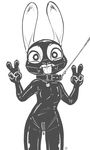  alec8ter anthro ball_gag blush bodysuit buckteeth clothed clothing collar collar_tag disney drooling female flat_chested front_view gag gagged gimp_suit judy_hopps lagomorph leash looking_at_viewer mammal mask monochrome open_mouth rabbit rubber saliva simple_background skinsuit smile solo teeth text tight_clothing white_background zipper zootopia 