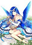 anklet barefoot bird_wings birdcage blue_eyes blue_hair breasts cage cleavage detached_sleeves head_wings head_wreath jewelry kagachi_saku long_hair md5_mismatch medium_breasts original personification puffy_sleeves smile solo winged_hair_ornament wings 