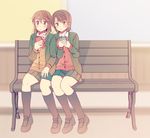  bench black_legwear blurry blurry_background blush brown_hair cardigan cellphone commentary hachiko_(hati12) hand_on_own_thigh kneehighs long_hair looking_at_phone multiple_girls original parted_lips phone red_sweater ribbon school_uniform shoes short_hair sitting skirt smartphone sweater yellow_sweater 