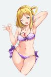  ;3 ;d alp arm_up armpits between_breasts bikini blonde_hair braid breasts cleavage collarbone crown_braid curvy digital_media_player hair_rings halter_top halterneck head_tilt headphones looking_at_viewer love_live! love_live!_sunshine!! medium_breasts navel ohara_mari ok_sign one_eye_closed open_mouth purple_bikini sidelocks simple_background smile solo swimsuit thighs wide_hips yellow_eyes 