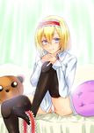  alice_margatroid black_legwear blonde_hair blue_eyes cushion foot_hold fujimori_tonkatsu hair_between_eyes hairband hands_clasped hands_on_own_knee highres interlocked_fingers long_sleeves no_pants no_shoes on_bed own_hands_together panties shirt sitting sitting_on_bed smile solo stuffed_animal stuffed_toy teddy_bear thighhighs touhou underwear white_panties white_shirt 