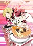  blonde_hair blush breasts cleavage commentary_request dj food fork green_eyes headphones headphones_around_neck hood hoodie idolmaster idolmaster_cinderella_girls licking_lips looking_at_viewer medium_breasts miyamoto_frederica one_eye_closed pancake phonograph record scrunchie short_hair smile solo tongue tongue_out turntable usui_ryuu wrist_scrunchie 