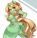  2016 anthro blush breasts butt equine fan_character female freedomthai fur green_eyes green_fur hi_res horn horse looking_at_viewer mammal nipples nude pony pussy solo unicorn 
