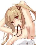  adjusting_hair armpits breasts highres kantai_collection large_breasts light_brown_hair looking_at_viewer mouth_hold murasame_(kantai_collection) naked_towel red_eyes solo takeichi_yui towel twintails tying_hair wet 
