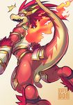  anthro armor backsack balls catsudon dragon fire flaccid future_card_buddyfight looking_at_viewer looking_back low-angle_view male open_mouth penis raised_tail rear_view scalie signature solo sun_dragon_bal surprise unconvincing_armor 
