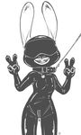  alec8ter anthro blindfold bodysuit buckteeth clothed clothing collar collar_tag disney female flat_chested front_view gimp_suit judy_hopps lagomorph leash looking_at_viewer mammal mask monochrome open_mouth rabbit rubber simple_background skinsuit smile solo teeth text tight_clothing white_background zipper zootopia 