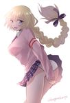  :d alternate_costume ass blonde_hair blue_eyes blush bow braid breasts capsule_servant commentary_request fate/apocrypha fate_(series) from_side hair_bow jeanne_d'arc_(fate) jeanne_d'arc_(fate)_(all) large_breasts long_hair long_sleeves looking_at_viewer miniskirt necktie open_mouth panties pantyshot pantyshot_(standing) plaid plaid_skirt pleated_skirt purple_bow purple_neckwear school_uniform single_braid skirt smile solo standing sushimaro sweater twitter_username underwear very_long_hair white_panties 