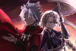  1girl amakusa_shirou_(fate) back-to-back blue_eyes braid chain coat commentary_request cross cross_necklace fate/apocrypha fate_(series) flag gauntlets headpiece jeanne_d'arc_(fate) jeanne_d'arc_(fate)_(all) jewelry light_smile long_hair long_sleeves necklace red_coat single_braid spiked_hair sushimaro upper_body yellow_eyes 