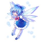  blue_eyes blue_hair blush_stickers bow cirno haiiro_(immature) hair_bow ice ice_wings mary_janes open_mouth pointy_ears shoes solo touhou white_background wings 