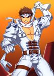  1boy brown_eyes brown_hair bulge crotch cyberbots gloves headband looking_at_viewer male_focus muscle saotome_jin smile solo teeth 