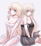  ahoge alternate_costume bare_shoulders blonde_hair blue_eyes blush breasts cleavage collarbone commentary_request dual_persona fate/apocrypha fate/grand_order fate_(series) jeanne_d'arc_(alter)_(fate) jeanne_d'arc_(fate) jeanne_d'arc_(fate)_(all) long_hair looking_at_viewer medium_breasts multiple_girls nightgown see-through silver_hair sitting sleeveless sushimaro twitter_username v_arms yellow_eyes 