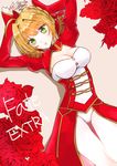  ahoge blonde_hair blush breasts cleavage commentary_request copyright_name dress epaulettes fate/extra fate_(series) flower frilled_sleeves frills green_eyes juliet_sleeves leotard long_sleeves looking_at_viewer lying medium_breasts nero_claudius_(fate) nero_claudius_(fate)_(all) on_back parted_lips puffy_sleeves red_dress red_flower red_rose rose short_hair solo sushimaro 