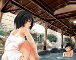  :d amagami backlighting bathing black_hair blush breasts brown_eyes cleavage closed_mouth collarbone from_behind knees_up light_rays medium_breasts multiple_girls murasaki_iro naked_towel nanasaki_ai nude one-piece_tan onsen open_mouth partially_submerged plant potted_plant profile rock short_hair sitting smile stairs tan tanline towel tsukahara_hibiki water water_drop wet wooden_ceiling 