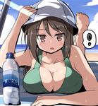  1girl adjusting_clothes adjusting_hat bikini blanket blue_sky bottle breast_press breasts brown_eyes brown_hair cloud day girls_und_panzer hat large_breasts leg_up long_hair looking_at_viewer lying mika_(girls_und_panzer) ocean on_stomach open_mouth sky solo spoken_exclamation_mark striped swimsuit tsuzuri_(tuzuri) water_bottle 
