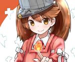  absurdres brown_eyes brown_hair commentary_request heart highres japanese_clothes jewelry kantai_collection kariginu long_hair looking_at_viewer magatama md5_mismatch okitsugu ring ryuujou_(kantai_collection) shikigami smile solo twintails visor_cap wedding_band 