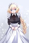  :d alternate_costume apron blonde_hair blue_eyes blush braid breasts commentary_request enmaided fate/apocrypha fate_(series) hands_together jeanne_d'arc_(fate) jeanne_d'arc_(fate)_(all) large_breasts long_hair long_sleeves looking_at_viewer maid maid_headdress neck_ribbon open_mouth red_ribbon ribbon single_braid smile solo sushimaro twitter_username very_long_hair waist_apron 