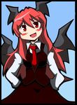  :d bat_wings blue_background blush breasts collared_shirt commentary_request dress_shirt gradient gradient_background hands_on_hips head_tilt head_wings koakuma long_hair long_sleeves looking_at_viewer necktie open_mouth raize red_eyes red_hair red_neckwear shirt sidelocks simple_background skirt skirt_set smile solo touhou v-shaped_eyebrows very_long_hair vest white_shirt wings 