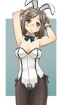  adapted_costume animal_ears bow bowtie bunny_ears bunny_tail bunnysuit detached_collar fake_animal_ears folded_ponytail glasses green_eyes grey_hair hairband kantai_collection katori_(kantai_collection) pantyhose solo standing tail uona_telepin wrist_cuffs 