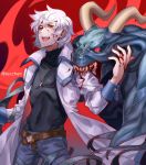  1boy biting blood castlevania castlevania:_aria_of_sorrow castlevania:_dawn_of_sorrow coat demon gloves highres horns long_hair looking_at_viewer male_focus monster open_mouth red_eyes short_hair simple_background smile solo soma_cruz tecchen trench_coat white_hair wings 