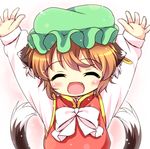  :d ^_^ animal_ears arms_up cat_ears cat_tail chen closed_eyes fang green_hat happy hat jewelry long_sleeves mob_cap multiple_tails nekomata open_mouth pila-pela single_earring smile solo tail touhou two_tails 