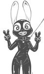  alec8ter anthro blush bodysuit buckteeth clothed clothing collar collar_tag disney female flat_chested front_view gimp_suit judy_hopps lagomorph leash looking_at_viewer mammal mask monochrome open_mouth rabbit rubber simple_background skinsuit smile solo teeth text tight_clothing white_background zipper zootopia 