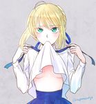  ahoge artoria_pendragon_(all) bad_id bad_twitter_id biting biting_clothes blonde_hair blouse blue_ribbon blue_skirt blush braid breasts clothes_lift commentary_request fate/stay_night fate_(series) french_braid green_eyes lifted_by_self long_sleeves looking_at_viewer no_bra ribbon saber shirt skirt small_breasts solo sushimaro twitter_username underboob upper_body white_shirt 