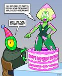  ! 2016 ? angry annoyed birthday_hat black_eyes cake cartoon_network cephalopod chair clothed clothing curtsibling curtsibling_(character) cyclops digital_media_(artwork) duo electrike english_text female food green_sclera green_skin grey_background looking_down male marine nintendo peridot_(steven_universe) pok&eacute;mon red_eyes shirt simple_background sitting speech_bubble squid steven_universe table tentacles text video_games watermark yellow_sclera 