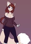  2016 amelia_(scorpdk) anthro big_breasts blue_eyes breasts brown_hair canine cleavage clothed clothing dipstick_tail female fox hair hi_res jewelry long_hair mammal multicolored_tail necklace off_shoulder scorpdk simple_background smile solo sweater 