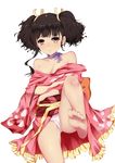  ass_visible_through_thighs bangs bare_legs bare_shoulders barefoot bba1985 blush breasts brown_eyes brown_hair choker cleavage commentary_request feet floral_print fundoshi hair_ribbon highres japanese_clothes kimono koutetsujou_no_kabaneri leg_up long_sleeves looking_at_viewer medium_breasts mumei_(kabaneri) off_shoulder ribbon ribbon_choker short_hair short_kimono sitting soles solo toes twintails 