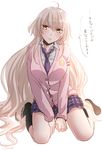  &gt;:( ahoge alternate_costume black_legwear blonde_hair blush breasts capsule_servant check_translation commentary_request fate/grand_order fate_(series) frown jeanne_d'arc_(alter)_(fate) jeanne_d'arc_(fate)_(all) kneeling large_breasts long_hair long_sleeves looking_at_viewer miniskirt necktie panties plaid plaid_skirt pleated_skirt purple_neckwear school_uniform skirt socks solo sushimaro sweater translation_request twitter_username underwear v-shaped_eyebrows v_arms very_long_hair white_panties yellow_eyes 