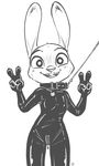  alec8ter anthro blush bodysuit buckteeth clothed clothing collar collar_tag disney female flat_chested front_view gimp_suit judy_hopps lagomorph leash looking_at_viewer mammal monochrome open_mouth rabbit rubber simple_background skinsuit smile solo teeth text tight_clothing white_background zipper zootopia 