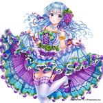  :o armlet bangs bare_shoulders blue_dress blue_eyes blue_hair blush bow breasts collarbone company_name copyright_name dress food food_themed_hair_ornament frilled_dress frills fruit garter_straps grape_hair_ornament grapes hair_ornament hair_ribbon jewelry leg_up long_hair mary_janes medium_breasts necklace official_art ribbon sakura_moyon sangoku_infinity shoes simple_background skirt_hold solo thighhighs white_background white_legwear 