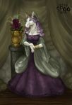  anthro blue_eyes cadhlane clothing dress equine female flower hair horn mammal plant purple_hair spoo unicorn vase 