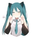  :3 animal_ears aqua_neckwear bad_id bad_tumblr_id blue_eyes blush cat_ears closed_mouth collared_shirt detached_sleeves eyelashes grey_shirt hair_between_eyes hatsune_miku kemonomimi_mode long_hair long_sleeves looking_at_viewer lpip necktie no_legs paw_pose paws shirt simple_background sleeveless sleeveless_shirt smile solo twintails upper_body vocaloid white_background wide_sleeves wing_collar 