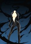  arm_behind_back biker_clothes bikesuit black_bodysuit blue_background bodysuit breasts breasts_apart celty_sturluson center_opening ckros-15 cleavage collarbone contrapposto dullahan durarara!! gloves gradient gradient_background headless high_collar holding holding_weapon large_breasts legs_apart navel open_clothes polearm scythe skin_tight solo standing unzipped weapon 