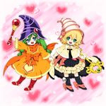  black_legwear blonde_hair blue_eyes blush boots bow capelet card_ejector chiyo_(no3baki) dress duel_monster gagaga_sister gloves green_eyes green_hair hat long_hair multiple_girls open_mouth skirt skull smile staff white_gloves witch_hat wizard_hat yuu-gi-ou 