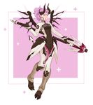  absurdres alternate_costume breasts dark_persona demon_horns faulds full_body highres horns imp_mercy mechanical_wings mercy_(overwatch) overwatch purple_eyes purple_hair short_ponytail small_breasts solo staff viccik wings 