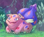  2016 ambiguous_gender blue_body claws delta_bulbasaur detailed_background fak&eacute;mon feathers flower grass morningstar pink_body plant pokemon_insurgence red_body solo vines white_feathers 