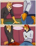 anthro blue_eyes canine clothed clothing comic dialogue dog english_text feline male mammal mr_baton piercing purple_eyes text tiger 